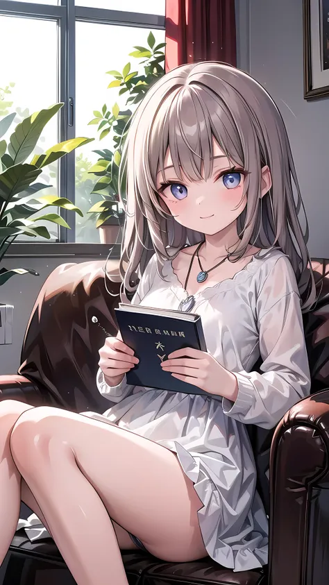 (masterpiece, best quality:1.3), 1 girl, solo, teenager,(top quality eyes:1.3),A 15-year-old girl with light brown hair is relaxing in her living room at home. She is sitting backwards on the sofa, with soft sunlight streaming through the window gently ill...