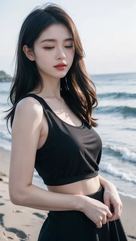 Create a serene portrait of a young woman (facing away from the audience) on a beach. She is wearing a loose-fitting white blouse, paired with a long black skirt. Her eyes are closed, and she has a peaceful expression on her face, enjoying the moment. The ...