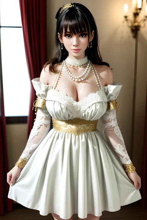 1girl is wearing a graceful white dress with a pearl necklace. The dress is adorned with delicate lace and has capped sleeves. The fabric is embellished with sparkling accents resembling stars. The person is also wearing a gold bracelet on their left wrist...