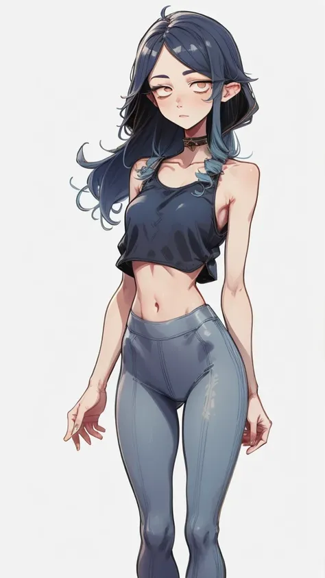 Leila, Bright eyes, blue hair, whole body, Gray background, standing straight, in white leggings and crop top