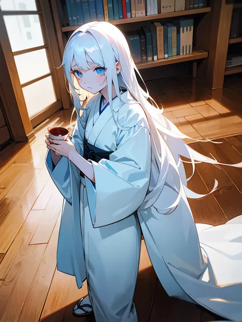 Young girl, 8yo, long  white hair, wearing white kimono, blue colored eyes, holding a porcelain cup with blood inside, is in an 80s style office, books around, wood floor, Grieving, sad, pale skin, sickened appearance