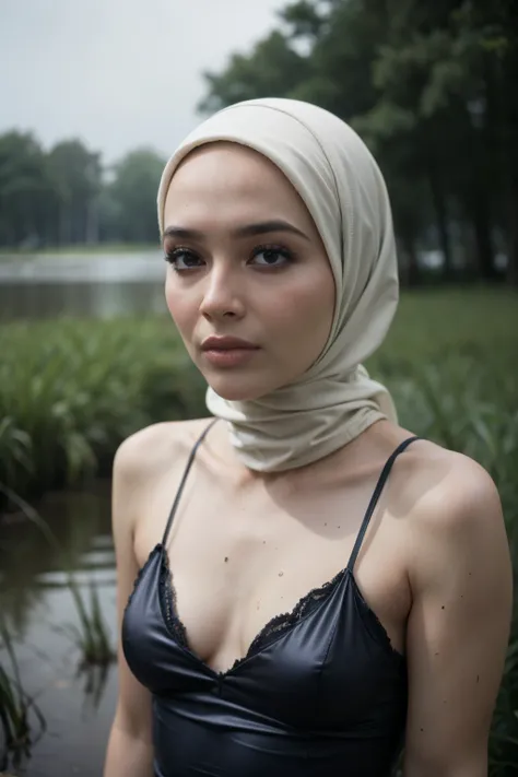 ((Chubby:1.3)), ((HIJAB)), (Best Quality, hight resolution, Realistic:1.37), Detailed face and expression, The Frightened Woman, pixie cut, sickly, Worn-out appearance, Swamp environment, standingn, Seductively drowning in a swamp, Distressed flared satin,...