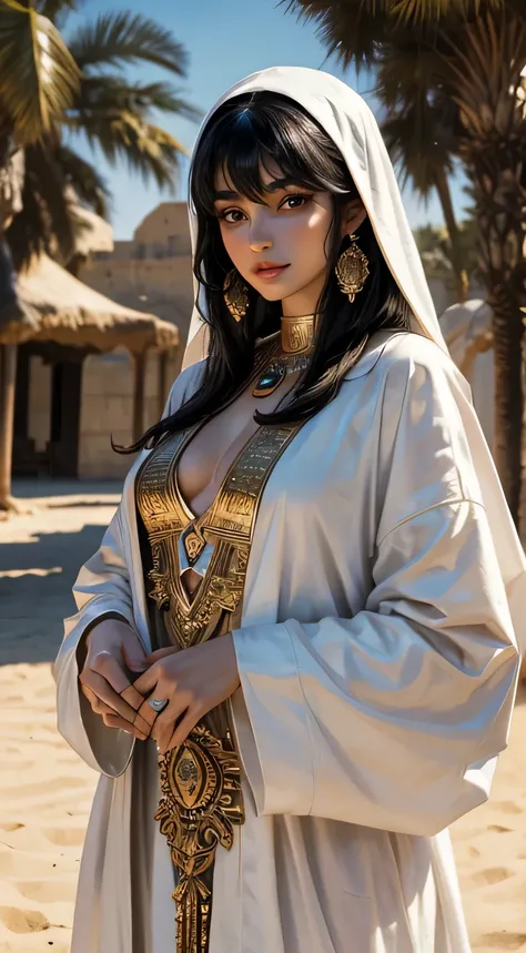 1 woman, beautiful Egyptian woman, 25 years old, long black hair with bangs, exotic skin, smaller head, brown eyes, medium breasts, white Priestess robe, masterpiece, ultra HD, realistic masterpiece, blurred background, oasis on the desert, relaxed poses, ...