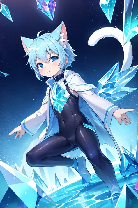 Little male cat，boy，There is a tail，cute，Thin，struggle，Everlasting，crystal，Crystallization，Blue crystal，Blue slime，Feet become crystal，Hands turn into crystal，crystal spread feet，Crystal legs，crystal hand，illumination，freeze，freeze，Feet are frozen，charming...