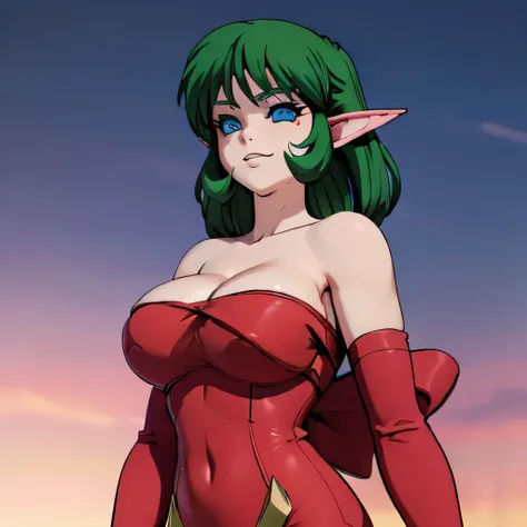  ((masterpiece,best quality,ultra-delicate,Perfect Face,16k,high resolution,very beautiful girl)),medium short green hair,Red strapless bodycon tube dress ,Red long arm sleeves,red high heels,Elf Girl,large Breasts,blue eyes,Beautiful smile:1.2,20 years ol...