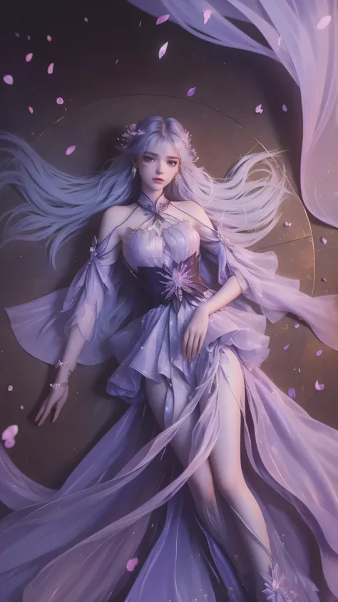 One in perfect shape、Beautiful curvy woman,She wears a long purple dress,Floating gently in the air,Beautiful woman lying with beautiful flowers around her, Chinese traditional, Her body becomes more flexible with every movement, so charming, Dim candlelig...