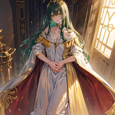 top quality,Perfect Face, long dark green hair, yellow eyes, collarbone,Master of Light and Shadow,crown,Royal robe,In the luxurious palace