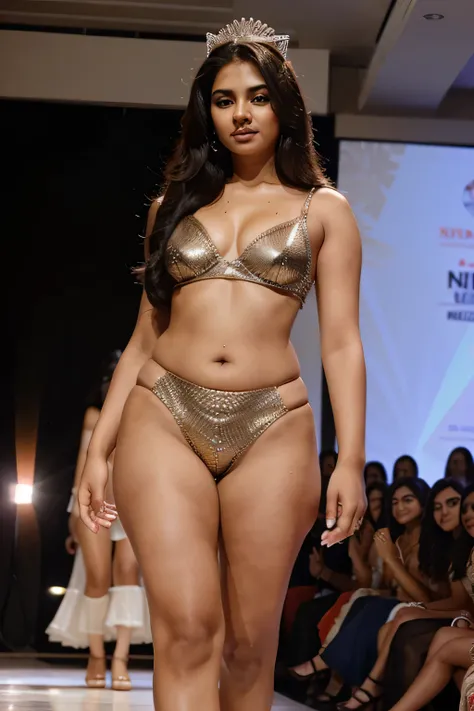 indian hot female model, at a beauty pageants, chubby figure, cute face, cat walking
