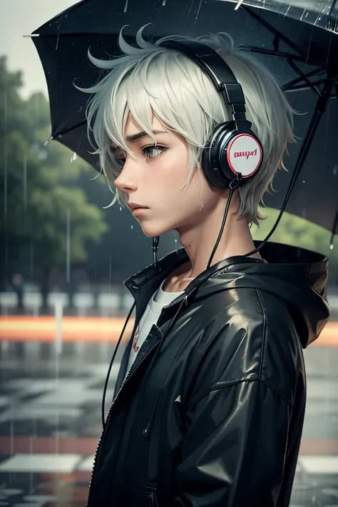 Lonely anime boy with headphones in rain full one sided body 