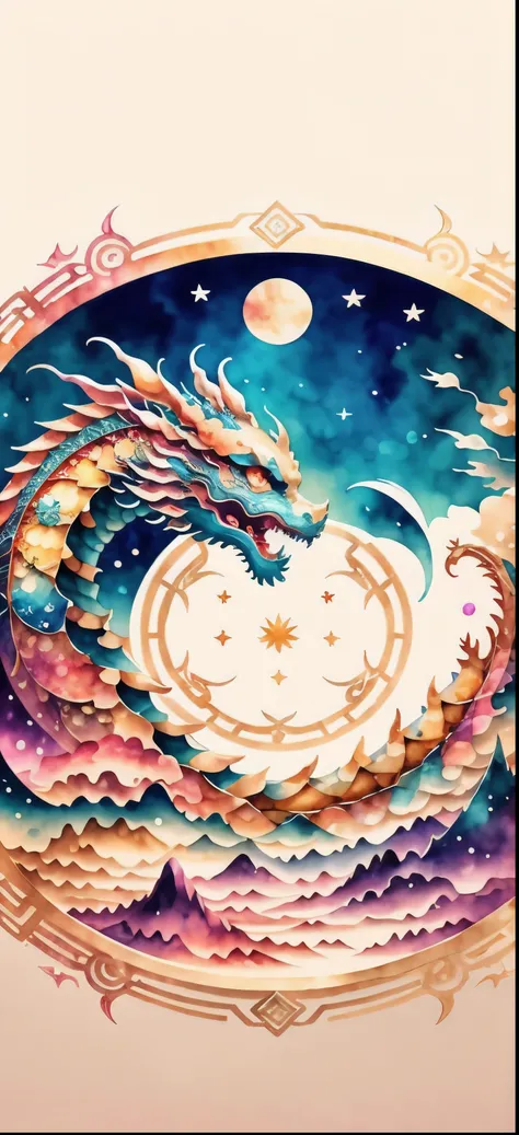 Sky、force、Circle、 chinese dragon, Rise, BREAK, (glitter watercolor), crystal fantasy, BREAK, flat design, Yin-Yang Mark, Symmetric, colorful inkpainting, fractal, zentangle, BREAK, masterpiece, top quality, super detailed, high resolution,