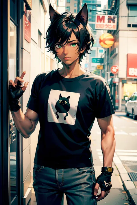 man, wearing a t shirt, long bermudas, fingerless gloves, dark skin, black cat ears, green eyes, black hair