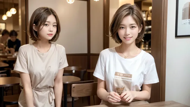 super high quality, short hair, thin, Gravure photo session, The staff is working at the counter in the back.., (8k、RAW Photos、Highest quality、masterpiece:1.2), Japanese Idols, Stylish cafe, People having fun at the cafe々Bustling with., (Realistic、Realisti...