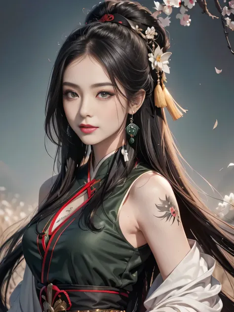 1 girl, Actress, Handsome, Ink splash, Chinese armor, (Upper Body), Black Hair, Flowing hair, Exquisite eyes, Black and green ancient silk Hanfu, Field of view, (F1.8), (masterpiece), (Portraits), front Photo, White background, (poster), arms