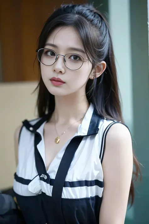 a female teacher，wears gold-rimmed glasses，sleeveless