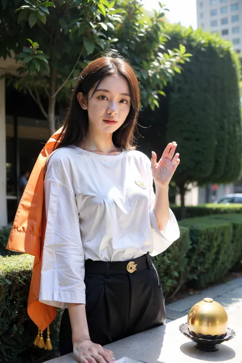 A woman standing in front of a lush green hedge, wearing a white shirt with a small badge on it. She has her hands pressed together in a prayer gesture. On the table in front of her, theres a small golden Buddha statue, a floral offering, and an orange clo...