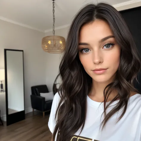 portrait   Belle brune aux reflets blonds portant un t-shirt noir  (in a room ), very detailed, 25ans, , , visage innocent, natural wavy black hair, yeux marron claire,almond eyes , long cils haute résolution, head of&#39;artwork, best quality, intricate d...