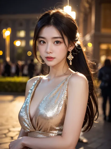 8k, (RAW Photos:1.2), (Photorealistic), Beautiful details, famous popular actress、 (Genuine: 1.4), Very detailed目と顔, Beautiful and fine details, ((Glittering night illuminations at the square:1.2)), ((Women&#39;s Suits:1.3, Ultra-realistic pantyhose:1.2))、...