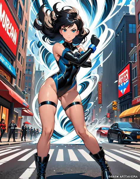 anime girl in a red and black suit standing and twirling around in place on a city street, fast spin, (dynamic spin pose), spinning inside a tornado, spinning in place like a tornado, crossed arms, extremely detailed artgerm, style artgerm, style ivan tala...