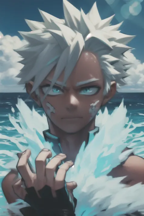 A boy around 15 yo, white spiky hair with a slight blue tinge, ocean blue eyes, plaster on his face, has the power of cryokinesis.