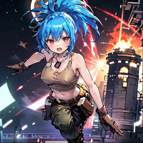 (masterpiece, highest quality, ultra high res, ultra detailed:1.3), 1 girl, ideal ratio body proportions, red eyes, (blue hair:1.2), high ponytail, unruly hair, brown tank top, military pants, military boots, bare shoulders, bare arms, open finger gloves, ...