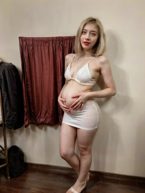 Pretty cute girl, cute asian girl, white skin, young, (17 yo), short bob hair, red lips, standing, (sexy slave dress), fullbody, perfect leg, perfect body, perfect hand, perfect face, shoft make up, realistic detailed face, standing full body, pregnant,