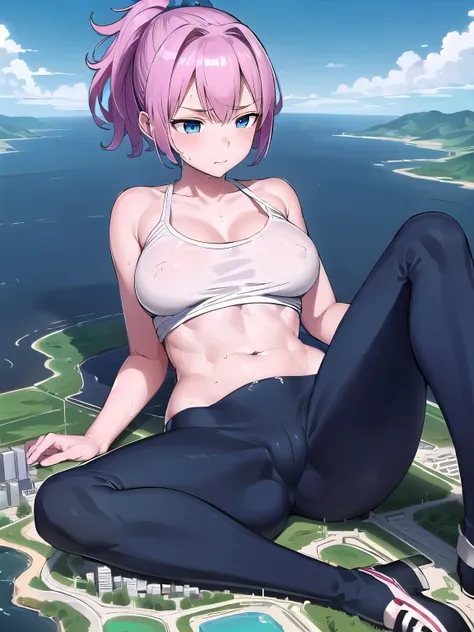 giantess, Only one girl, Lying down, Sleeping girl, (((character Sleeping girl on a mountain top next to a city))), ((Super huge high school girl bigger than a island)), Pleasure, Cleavage, Trying to crush a miniature metropolis, blue eyes, ((destroyed cit...