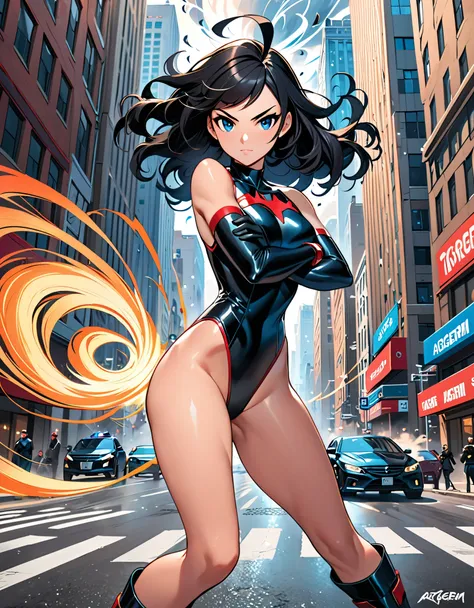 anime girl in a red and black suit twirling around in place on a city street, fast spin, (dynamic spin pose), spinning inside a tornado, spinning in place like a tornado, crossed arms, extremely detailed artgerm, style artgerm, style ivan talavera and artg...