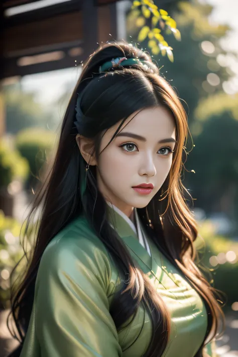 1 girl, Actress, Handsome, Ink splash, Chinese armor, (Upper Body), Black Hair, Flowing hair, Exquisite eyes, Black and green ancient silk Hanfu, Field of view, (F1.8), (masterpiece), (Portraits), front Photo, White background, (poster), arms