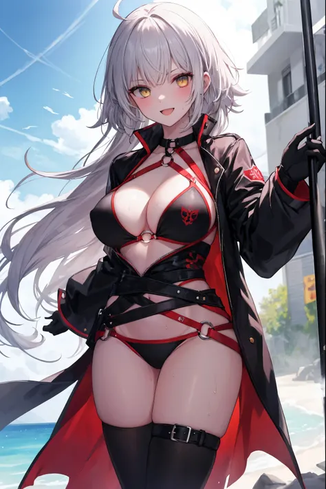 masterpiece, best quality, 1girl, , silver hair, ahoge, gold_eyes, shaggy_long_hair,,large_tits, , blue sky_landscape,,covered_groin,covered_nipples,solo,young_teen,,open_legs,knee_boots,crotch_armor,cowboy_shot,crotch, asymmetrical legwear, long hair, bik...