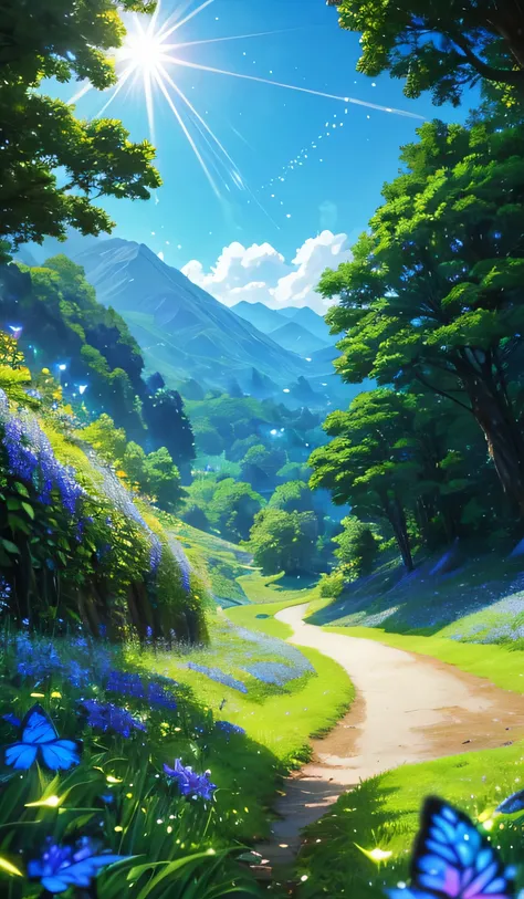 anime inspired greenery alps with bright blue sky and bright sun (glowing fireflies and butterfiles )(greenery view)(bright blue shinning sky)(night view)(borkeh effect)(far view)