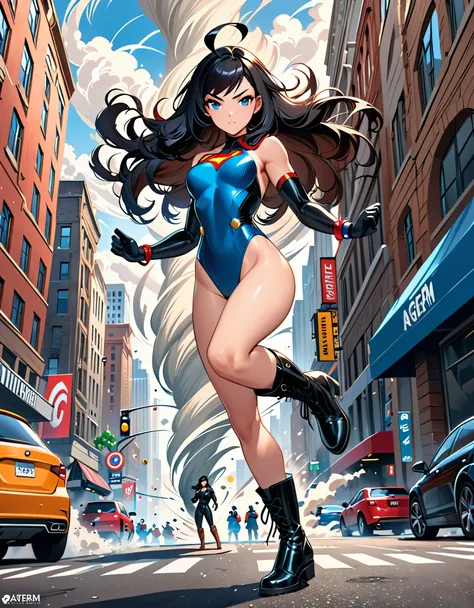 anime girl in a red and black suit standing with legs together and twirling around in place on a city street, fast spin, (dynamic spin pose), spinning inside a tornado, spinning in place like a tornado, crossed arms, extremely detailed artgerm, style artge...