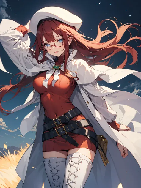 summonnightaty, aty, (young:1.3),long hair, blue eyes, red hair, big_tits, hat, glasses,
BREAK long hair, thighhighs, hat, dress, naked_legs, glasses, belt, cape, sweater, zettai ryouiki, beret, thigh boots, white footwear, ribbed sweater, loose belt,solo,...