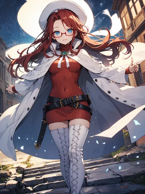 summonnightaty, aty, (young:1.3),long hair, blue eyes, red hair, big_tits, hat, glasses,
BREAK long hair, thighhighs, hat, dress, naked_legs, glasses, belt, cape, sweater, zettai ryouiki, beret, thigh boots, white footwear, ribbed sweater, loose belt,solo,...