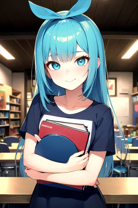 Female high school student,One person,long hair,Can be slightly curled,Color choice bright blue,big eyes,Eye color matches hair color,Expression full of energy,with a smile and a wink,simple cute,The color scheme is bright,Style in line with young people’s...