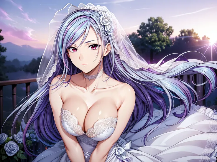 (masterpiece, best quality, beautiful and aesthetic:1.3), look back, side view, 1woman, solo, matured woman,  (Silver blue hair streaked purple:1.4), (Gradient sky blue hair ends:1.6), hair strand, absurdly long hair, single sidelock, wavy hair, shiny hair...