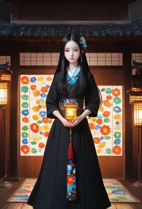 Millefiori glass style，A girl around 13 years old，Pale skin，Very long hair, Black straight hair. big、Black eyes , With a strong and mysterious expression. Dressed in orphan clothing style, More elegant and refined, Something that matches her mysterious and...