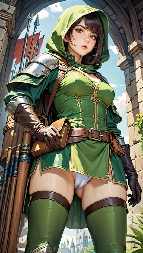 (Female ranger), beatiful girl, thin girl, thin waist, small breast, slender legs, gap between thighs, leather armor, leather gloves, green hood, short dress, (green dress), quiver on her back, from below, (showing her Panties), white panties, (cameltoe), ...