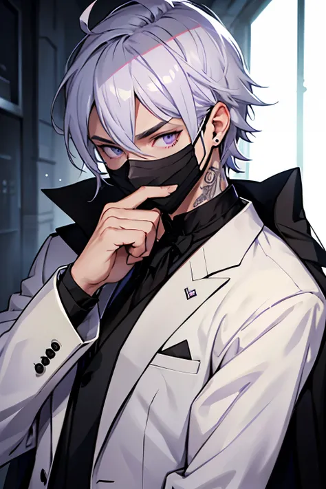 Boy, 1.80, silver hair, a mask, Lilac eyes, wearing a black coat with white formal wear underneath, black tattoo on the neck