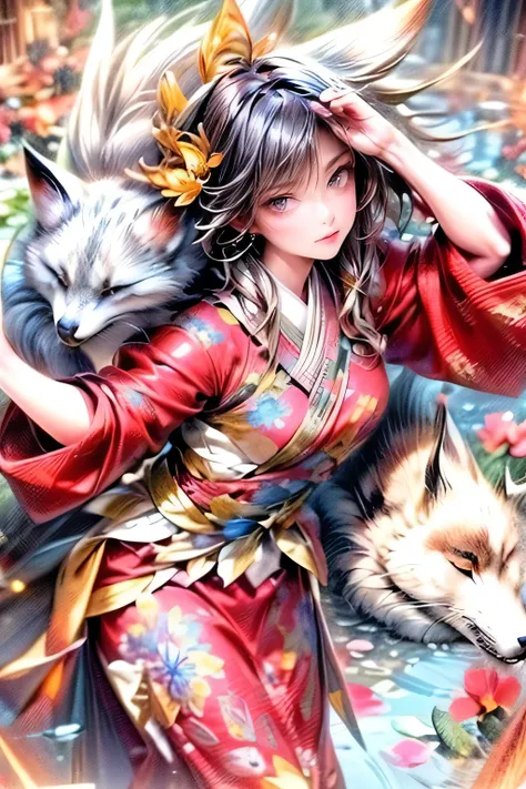 beautiful girl wearing a white kimono with a fox and a cat, intricate kimono pattern, lush garden background, beautiful detailed face, beautiful detailed eyes, beautiful detailed longeyelash, detailed nose, detailed lips, dynamic action pose, cinematic lig...