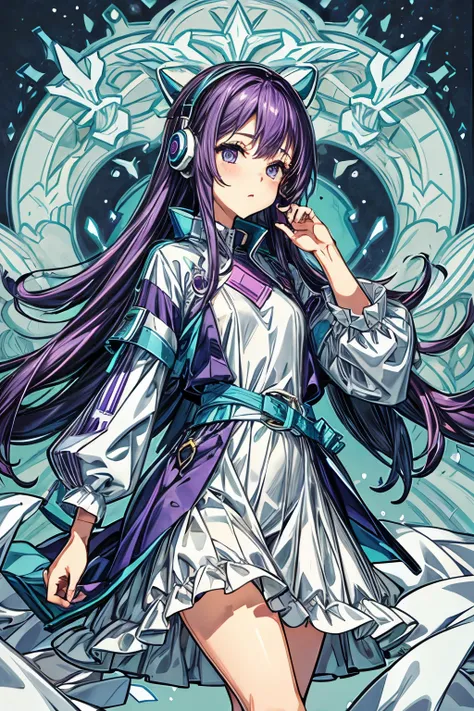 High resolution, masterpiece, Highest quality, One girl, Purple Hair、Inner light blue、Gradation、Small breasts、Odd Eye、Wear warm clothes、headphone