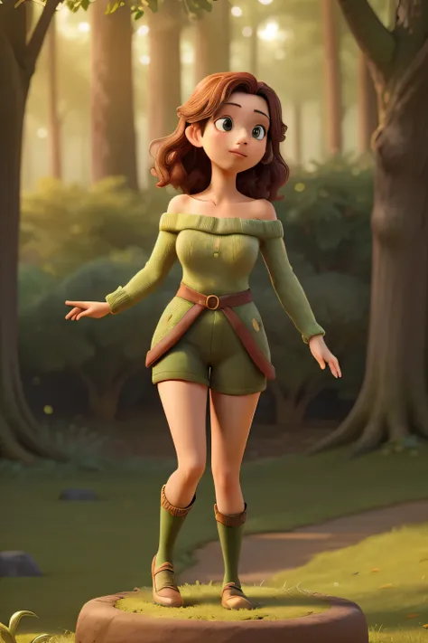 ((best quality)), ((masterpiece)), (detailed), 1girl, off-shoulder sweater, composed of delicately arranged autumn leaves, poised in a carefree dance on the rim of a weathered, moss-covered terracotta pot, set against a lush, vibrant forest backdrop, where...