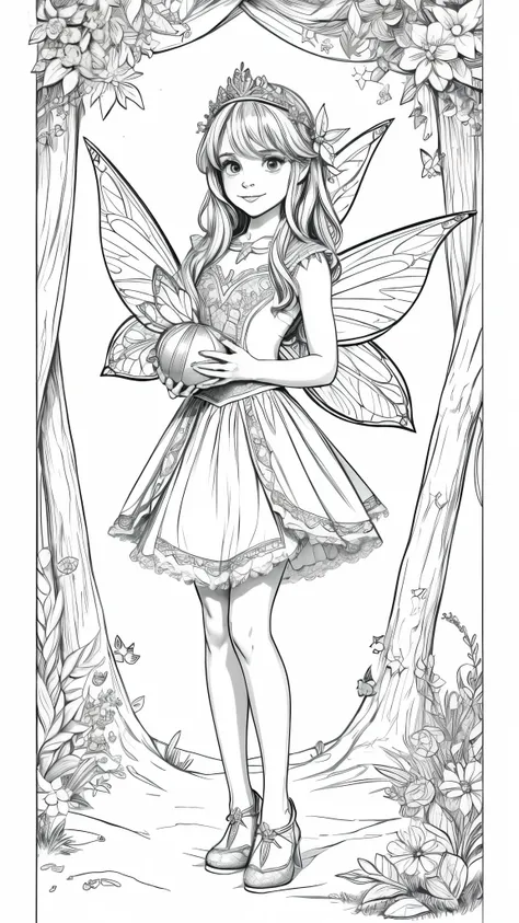 a pretty fairy with a magic star in her hands, for coloring pages, full white, childrens style, magic forest background, full body, Sketch style, playful style, childrens