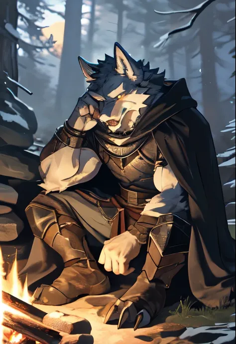 solo, kemono, (wolf), anthro, male, ((white body)), scales, tail, muscles, handsome，armor, cloak,medieval, fantasy, outdoors, outside, dark, night, forest, campfire, camp, stars, sitting, toe claws, epic,yellow sclera, depth of field, perfect lighting, (li...