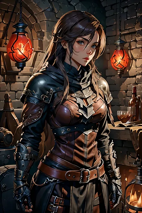 musclar female, archer/ rouge class, mixed blood human and dragon, in full , leather armor