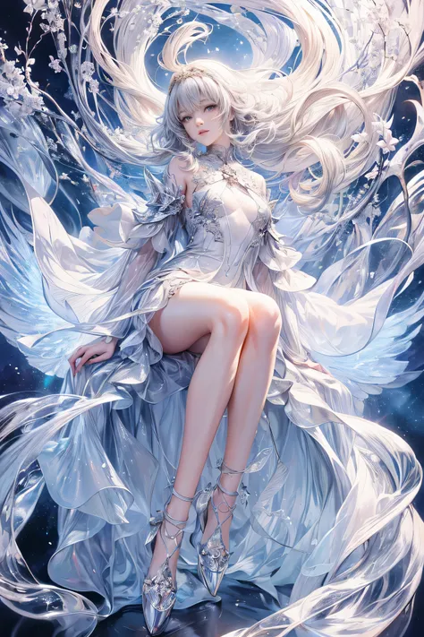 (Highest quality, 8k, CG, Beautiful and exquisite upper body, , Transparent coat dress, Star background, Complex facial features, length, Floating Hair, Almond Eye, Exquisite eye makeup, length eyelashes fluttering, Blinking big eyes, Starry Sky, Delicate ...