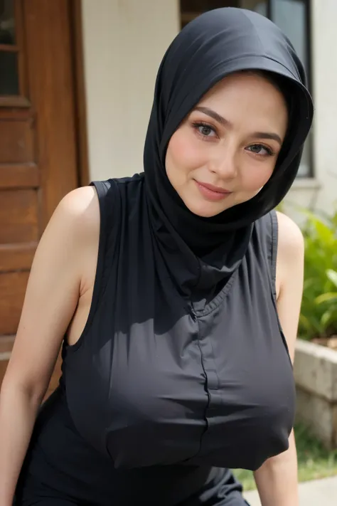 (((Singlet))), (((Old lady:1.6))), (((HIJABS Stylish))), adorable, 1 girl, (face to face), 10 years old, baby face, happy, medium portrait, (face details: 1), (eye details:1), ((naked big breasts)). wearing transparent transparency mini apron, .. Cute pose...