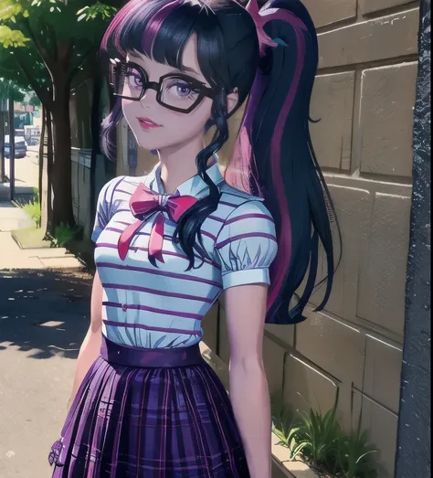 Twilight Sparkle, twilight Sparkle from my little pony, twilight Sparkle in the form of a girl,striped shirt, purple skirt, pink neck bow, glasses, ponytail, street, sunshine, summer