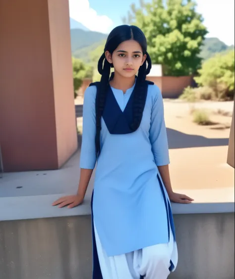 raw photo , 1 girl  ,wearing  salwar kameez uniform, teen school girl, with plait , professional photographer, (hdr:1.4), master...