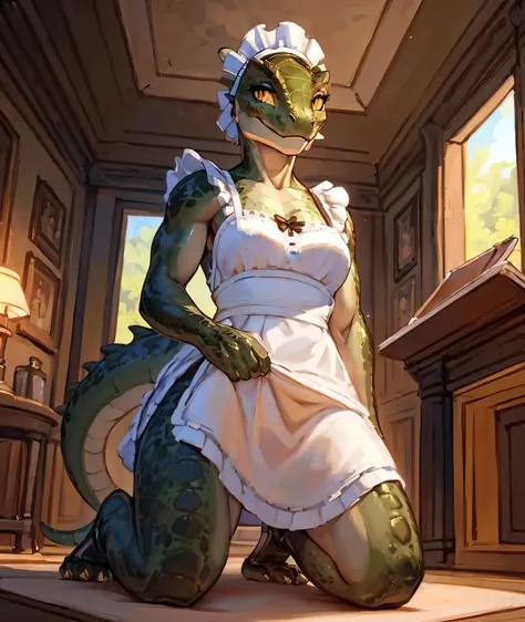 [Lusty argonian maid], ((masterpiece)), ((HD)), ((high res)), ((solo portrait)), ((low angle view)), ((feet visible)), ((beautiful oil painting)), ((detailed shading)), ((intricate details)), {(attractive argonian), (toned slim figure), (green scaly skin),...