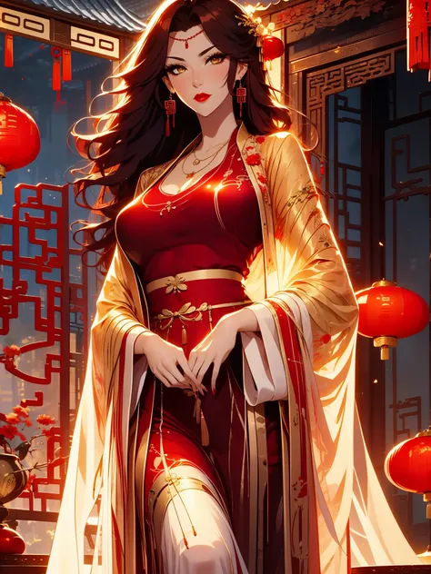 score_9, score_8_up, score_7_up, score_6_up, score_5_up, score_4_up, Xian Mei, golden eyes, red curly hair, tied hair, hair in a bun, hairpin, traditional Chinese red wedding dress, necklace, dangling earrings, long earrings, red lipstick, detailed eyes, t...